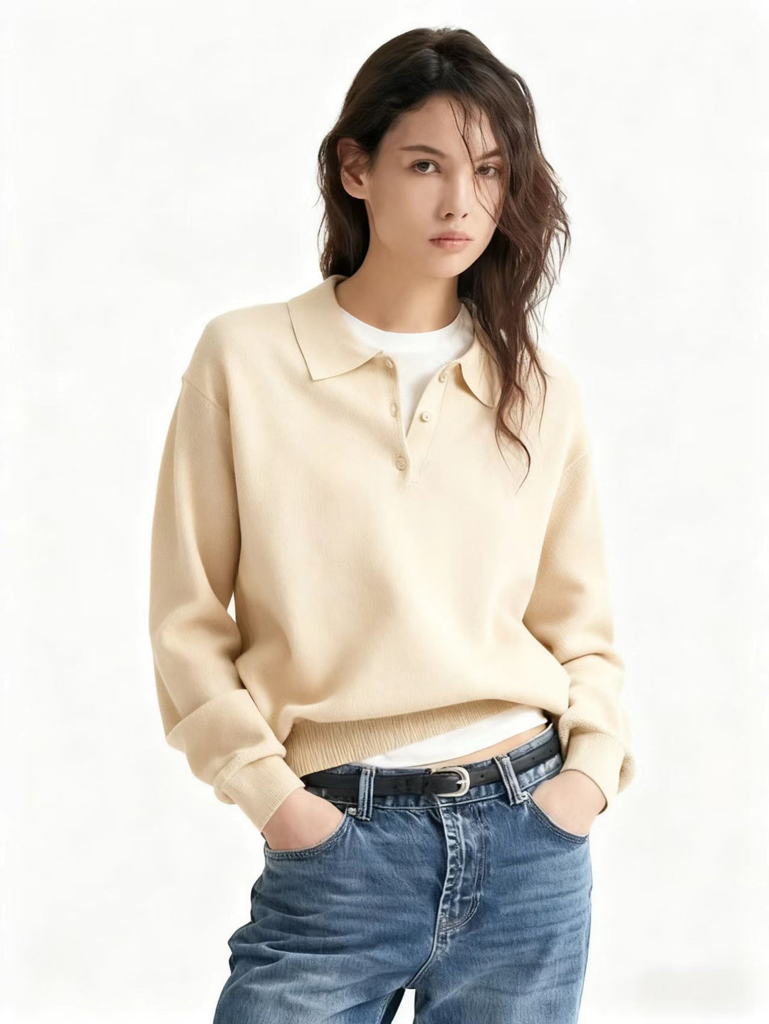 Damen Feinstrick-Polo-Sweater mit Knopfleiste und geripptem Saum Shop Nory