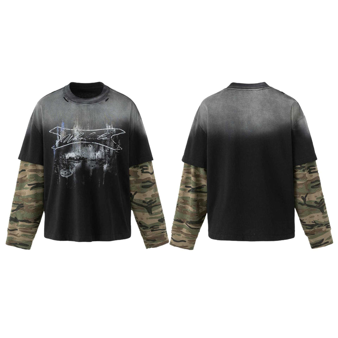 Herren weit geschnittenes Lagenlook T-Shirt mit Used-Effekt und Camouflage-Ärmeln Shop Nory