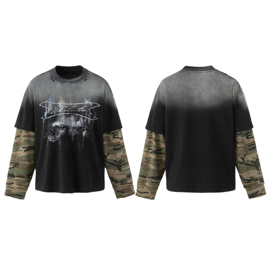 Herren weit geschnittenes Lagenlook T-Shirt mit Used-Effekt und Camouflage-Ärmeln Shop Nory