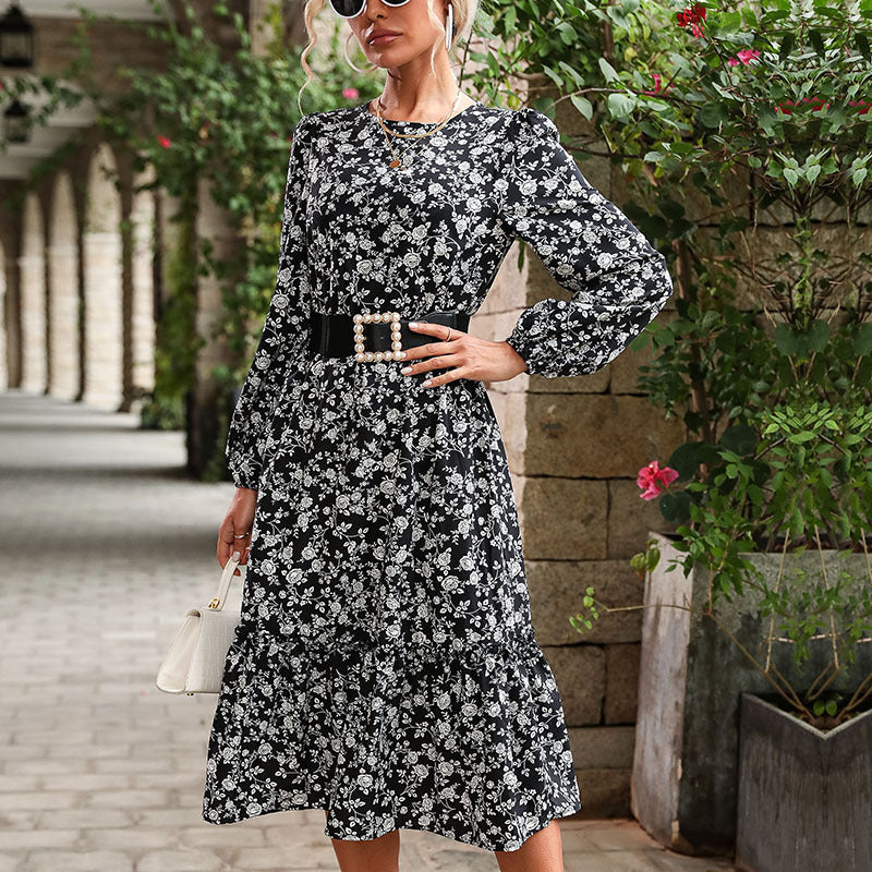 Damen Midikleid mit taillierter Silhouette, Perlen-Schnallen-Gürtel und Stufenrock Shop Nory