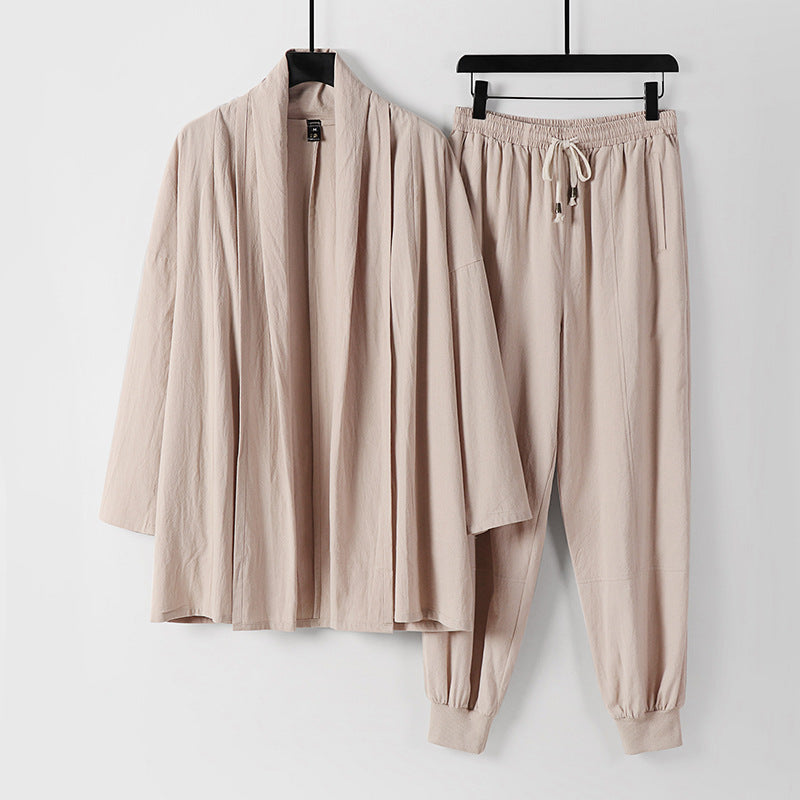 Unisex Luftiges Freizeit-Set im Kimono-Stil mit Schalkragenjacke und konisch zulaufender Joggerhose Shop Nory
