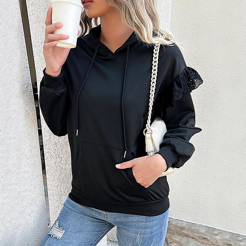 Damen Kapuzenpullover mit Spitzenvolant, Kängurutasche & Rippbündchen Shop Nory