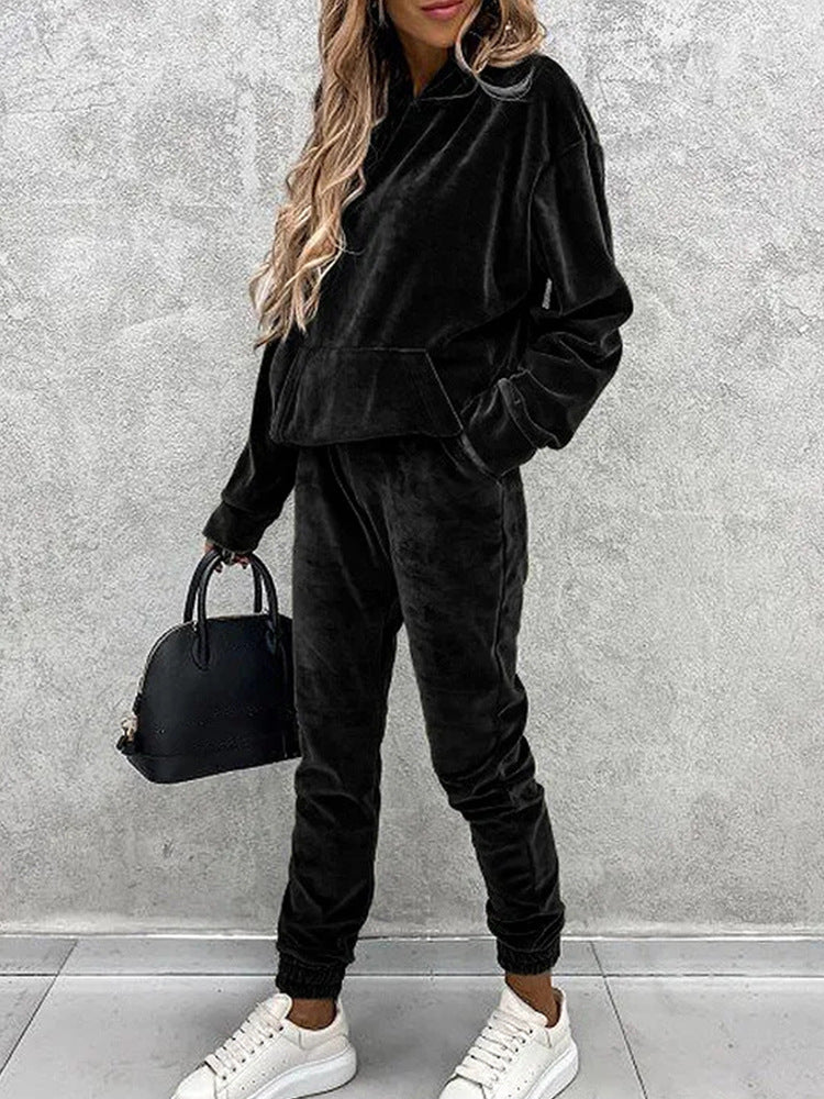 Damen luxuriöses Mikrofaser-Sportanzug mit Kapuze und Taschen