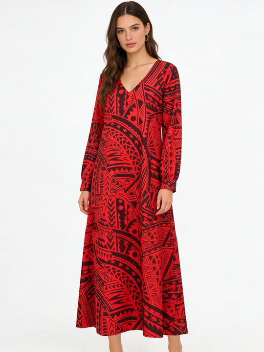 Damen Fließendes Maxikleid mit V-Ausschnitt, allover-geometrischem Print und weiter A-Linie Shop Nory