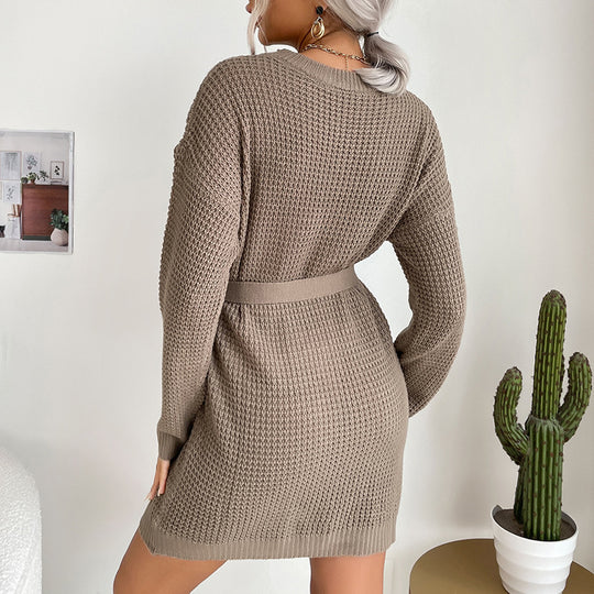 Damen Feines Waffelstrick-Minikleid mit Bindegürtel und überschnittenen Ärmeln Shop Nory