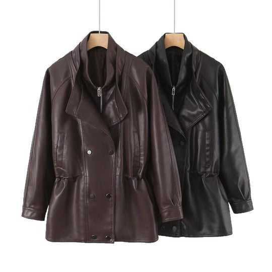 Damen Oversized Kunstlederjacke mit hohem Stehkragen und doppelreihiger Knopfleiste Shop Nory
