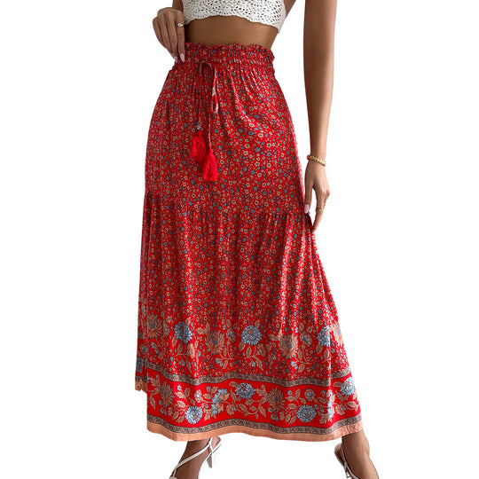 Damen nan leichter Stufen-Maxirock mit elastischem Rüschenbund, Kordel-Tassel und zartem Paisley-Print Shop Nory