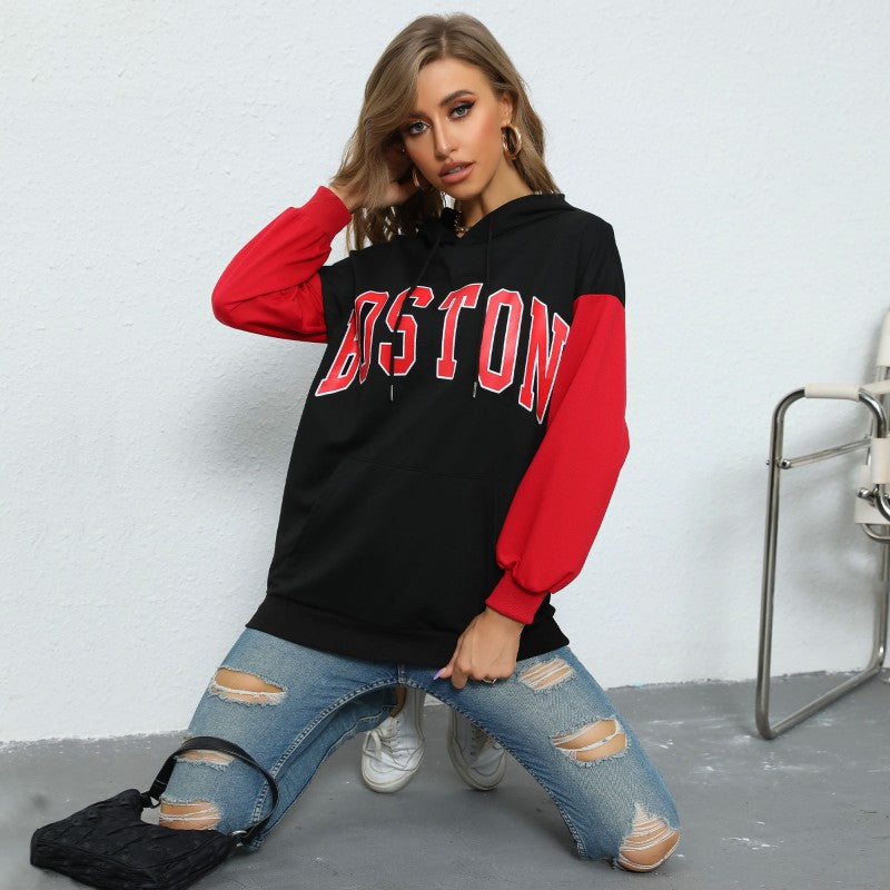 Damen Oversize Kapuzenpullover mit Blockingärmeln und Boston-Frontprint Shop Nory