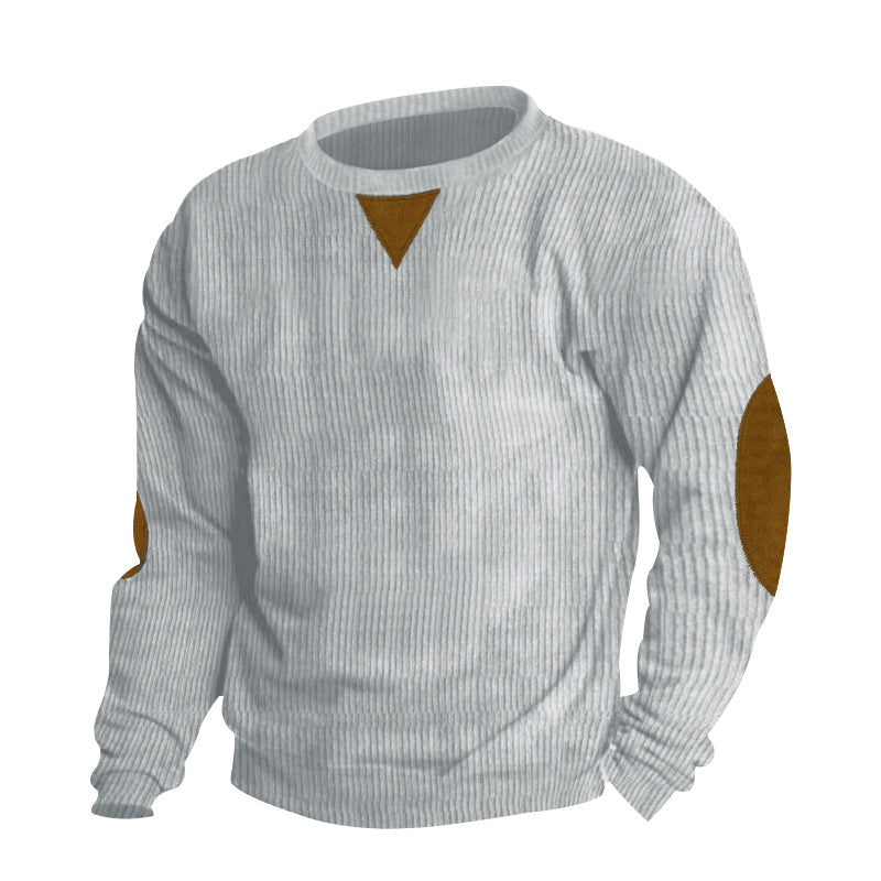 Herren nan grobgerippter Rundhals-Strickpullover mit Ellbogenpatches und Dreiecksdetail