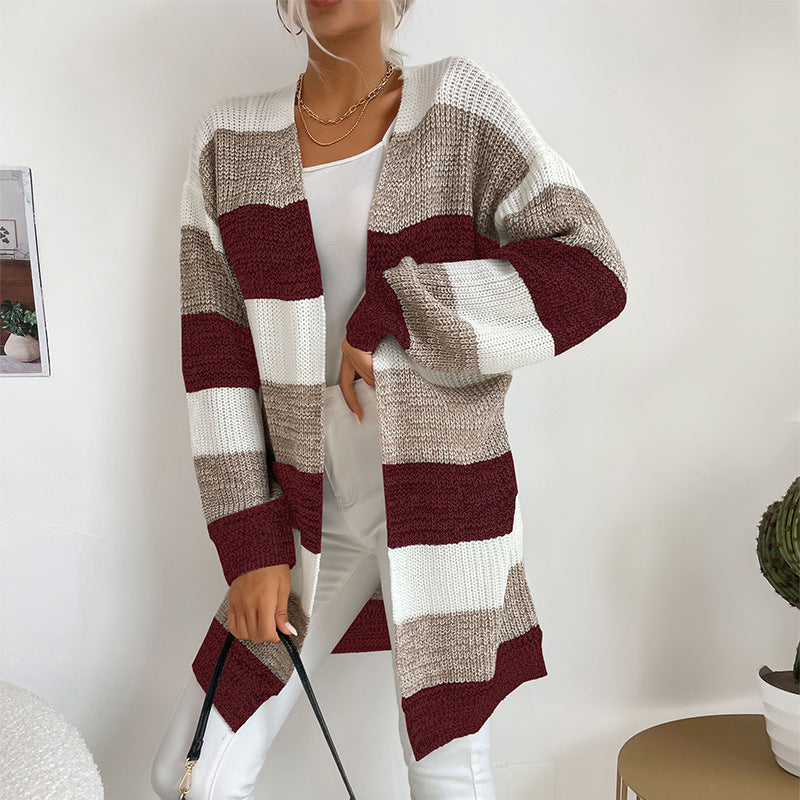 Damen Langer Oversize-Strickcardigan mit Blockstreifen und offener Front Shop Nory