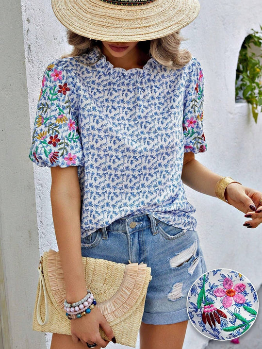 Damen Geblümte Bluse mit bestickten Puffärmeln und gewelltem Ausschnitt Shop Nory