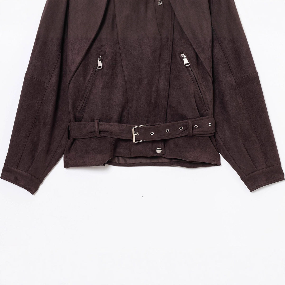Damen Kurzjacke im Bikerstil aus Velourslederoptik mit Taillengürtel Shop Nory