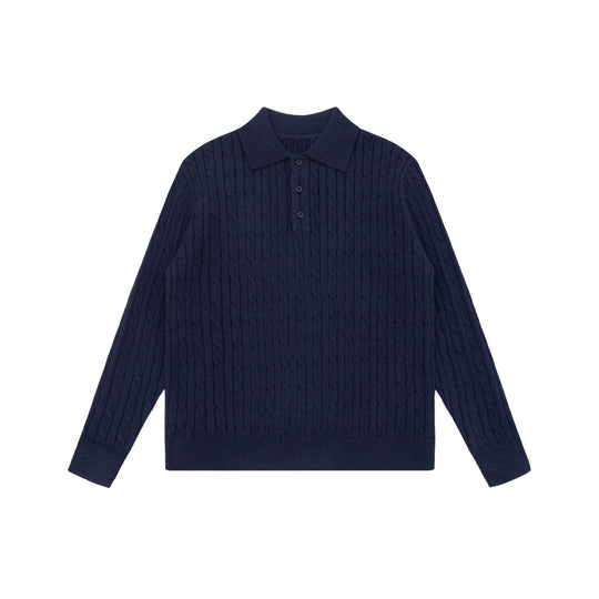 Unisex Grobstrick-Polokragen-Pullover mit Zopfmuster und halber Knopfleiste Shop Nory