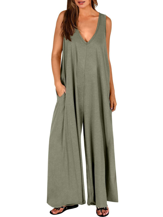 Damen weit geschnittene Jumpsuit mit V-Ausschnitt