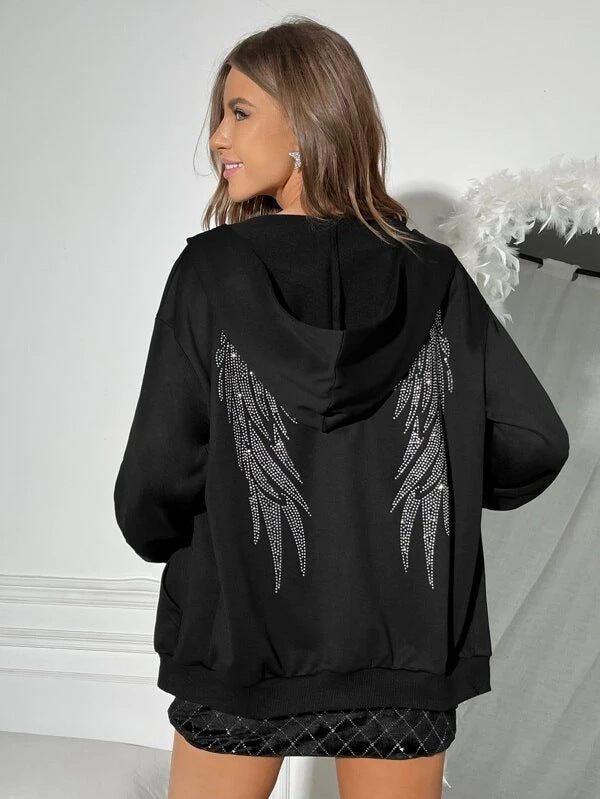 Damen nan Oversize Kapuzenpullover mit funkelndem Strass-Engelsflügel-Rücken Shop Nory