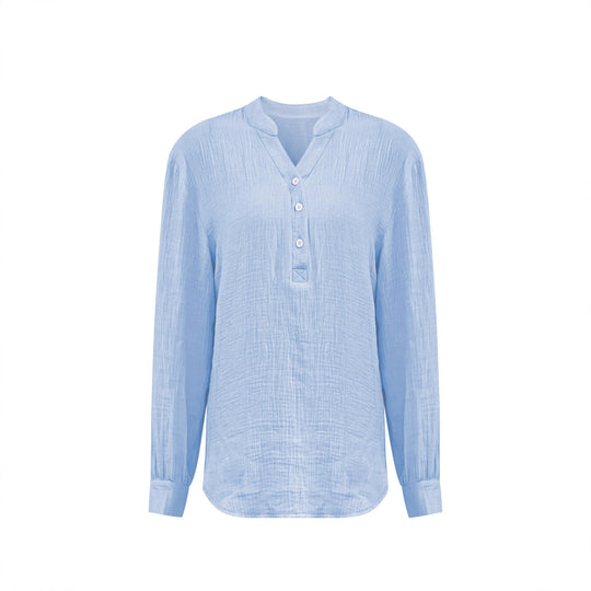 Damen Oversize Texturierte Baumwollbluse mit Henley-Knopfleiste Shop Nory