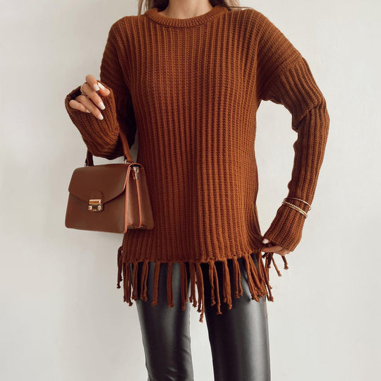 Damen lässiger Rippstrick-Pullover mit Fransen-Saum und Oversize-Silhouette Shop Nory