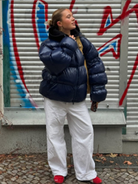 Damen Glänzende Oversize-Steppjacke mit Kapuze und hohem Stehkragen Shop Nory