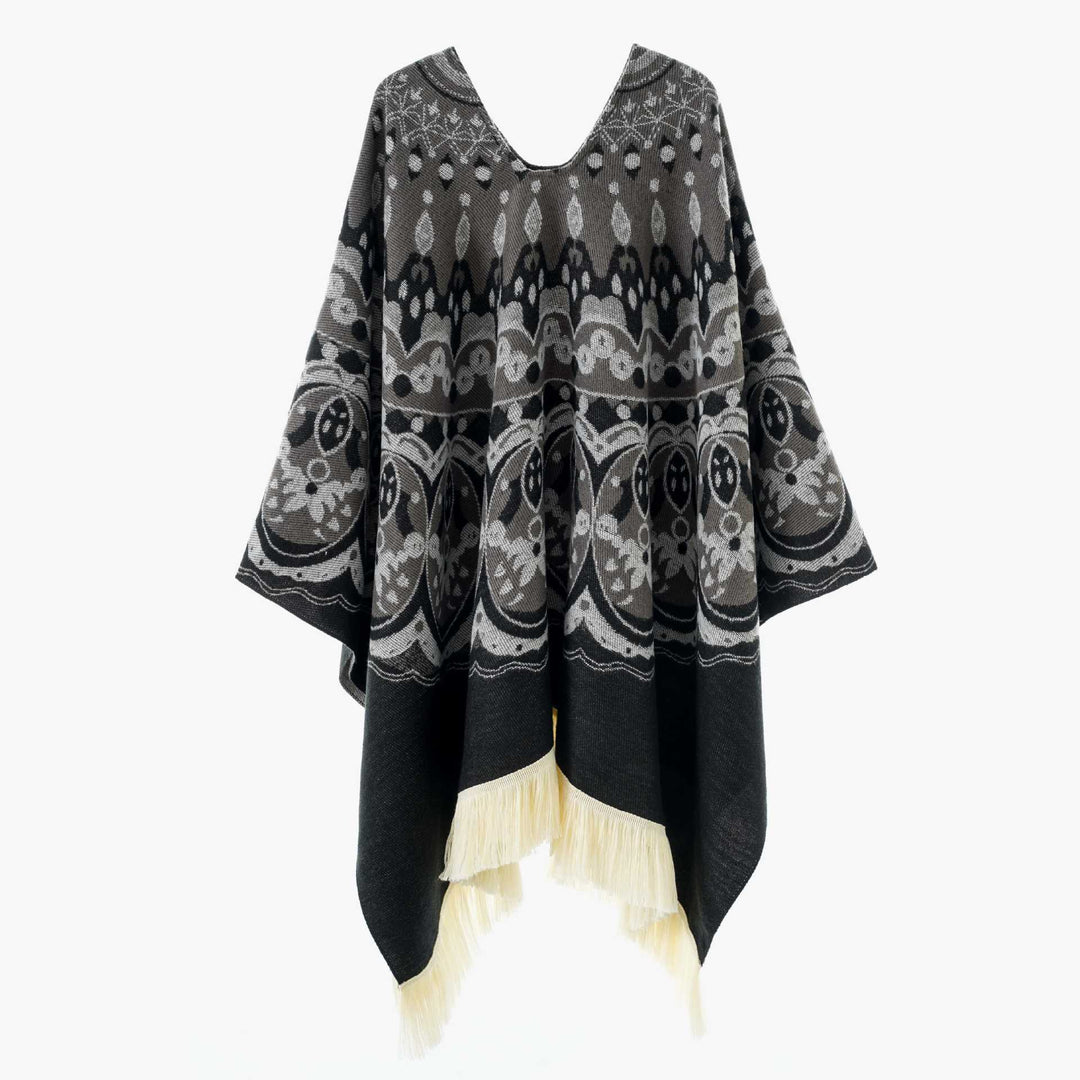 Damen Gewebter Jacquard-Poncho mit V-Ausschnitt, Ethno‑Print und Fransen Shop Nory