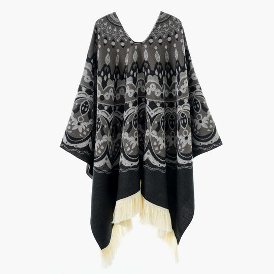 Damen Gewebter Jacquard-Poncho mit V-Ausschnitt, Ethno‑Print und Fransen Shop Nory