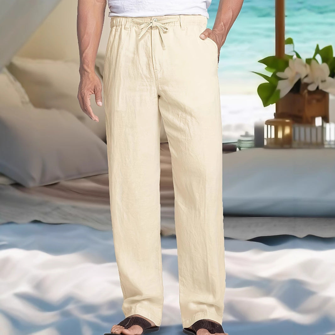 Herren Leichte Leinen-Baumwoll-Hose mit elastischem Bund, Kordelzug und geradem Bein Shop Nory