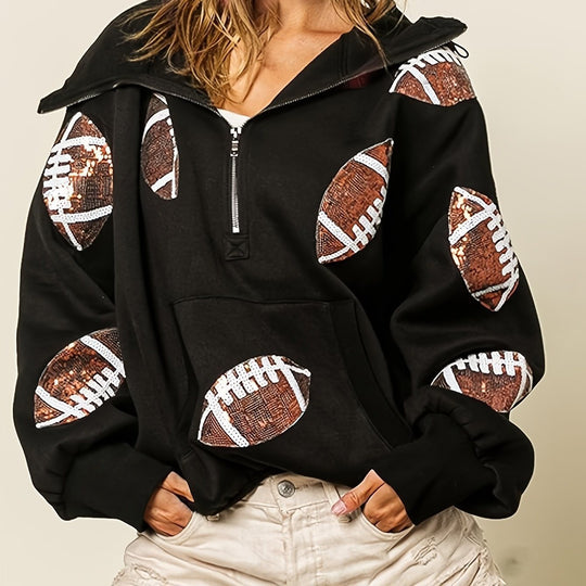Damen Oversized Kapuzenpullover mit halbem Reißverschluss und Pailletten‑Football-Applikation Shop Nory