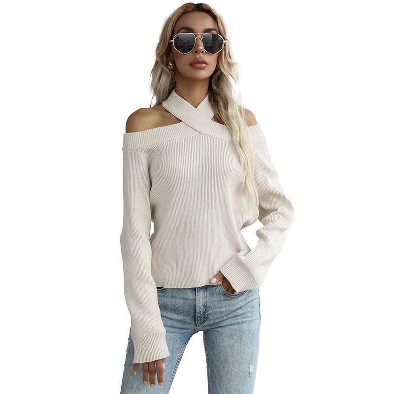 Damen Schulterfreies Strickoberteil mit gekreuztem Neckholder und Rippstruktur Shop Nory