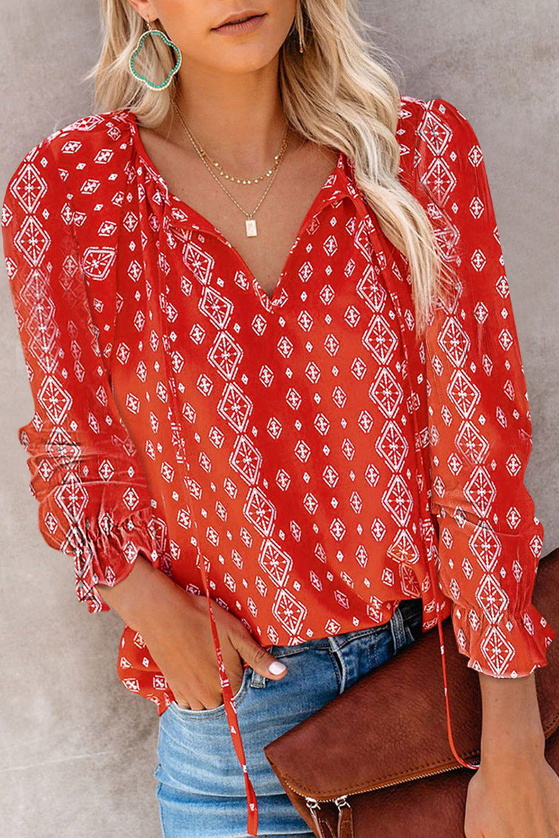 Damen Bluse mit Rüschendetails und tiefem V-Ausschnitt