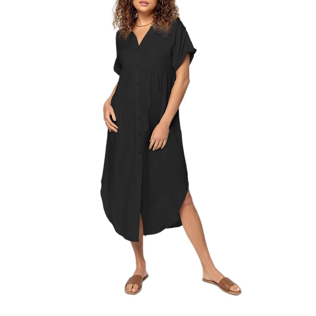 Damen Midikleid mit Knopfleiste, V‑Ausschnitt und legerer Babydoll-Passform Shop Nory