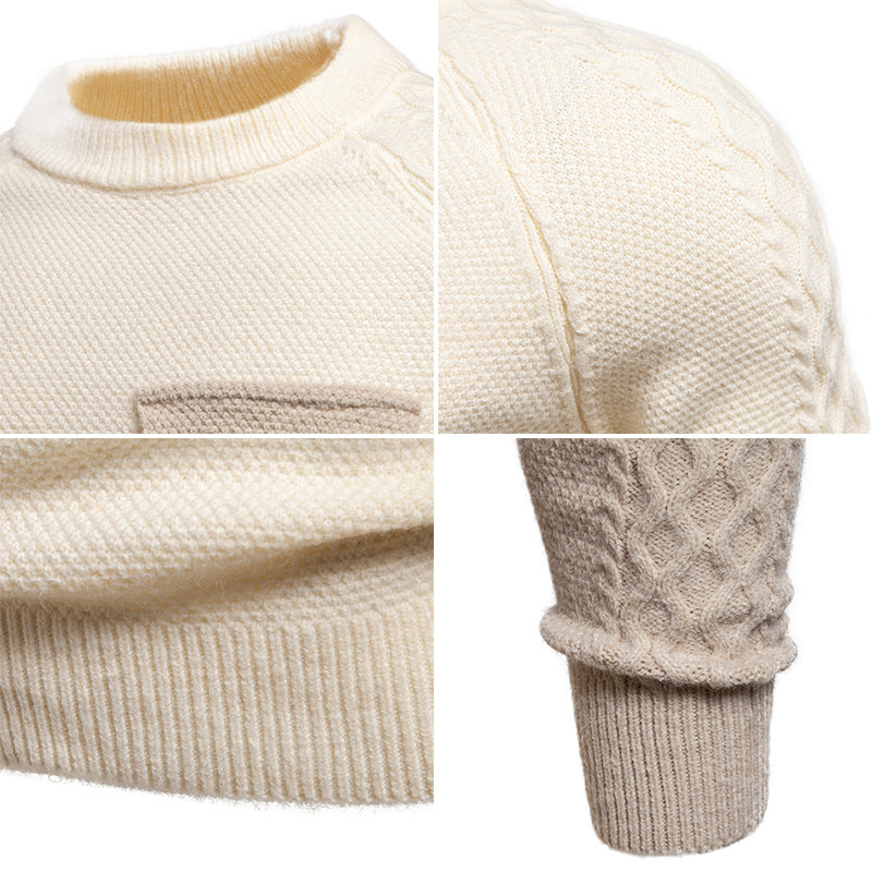 Herren Pullover aus Strukturstrick mit Rundhals, aufgesetzter Brusttasche und Zopfmuster-Ärmeln Shop Nory