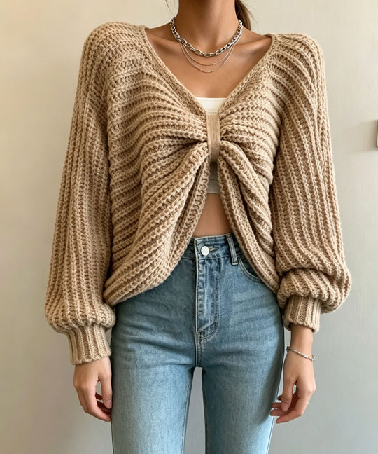Damen Cropped Strickcardigan mit Knotendetail und Ballonärmeln Shop Nory
