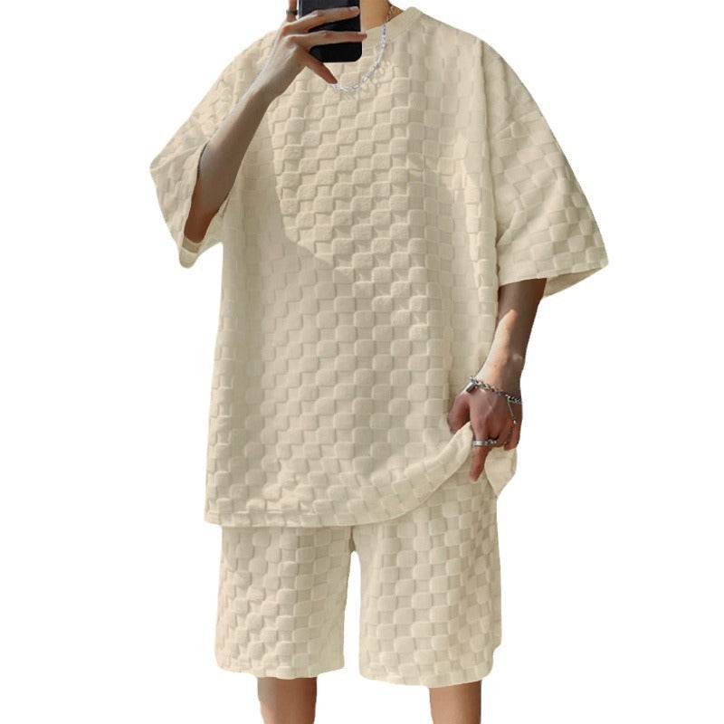 Unisex nan übergroßes Freizeit-Set aus strukturierter Waffelqualität mit Rundhalsausschnitt und locker sitzender Bermudashorts