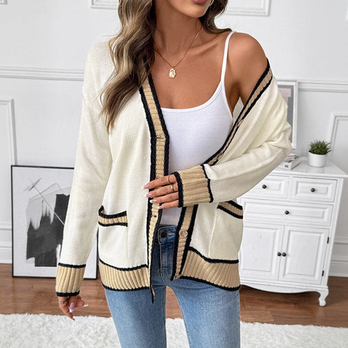 Damen Langer Feinstrick-Cardigan mit V-Ausschnitt, Kontrastpaspeln und aufgesetzten Pattentaschen Shop Nory