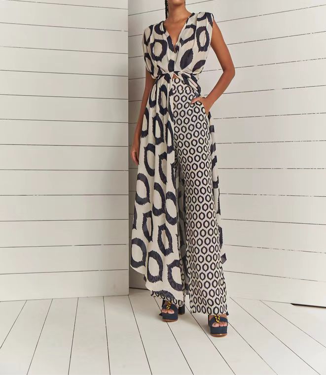 Damen Eleganter Jumpsuit mit Wickelgürtel und geometrischem Muster