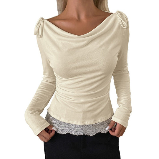 Damen Langärmeliges Top mit Wasserfallausschnitt, Schulterbändern und Spitzenbesatz Shop Nory