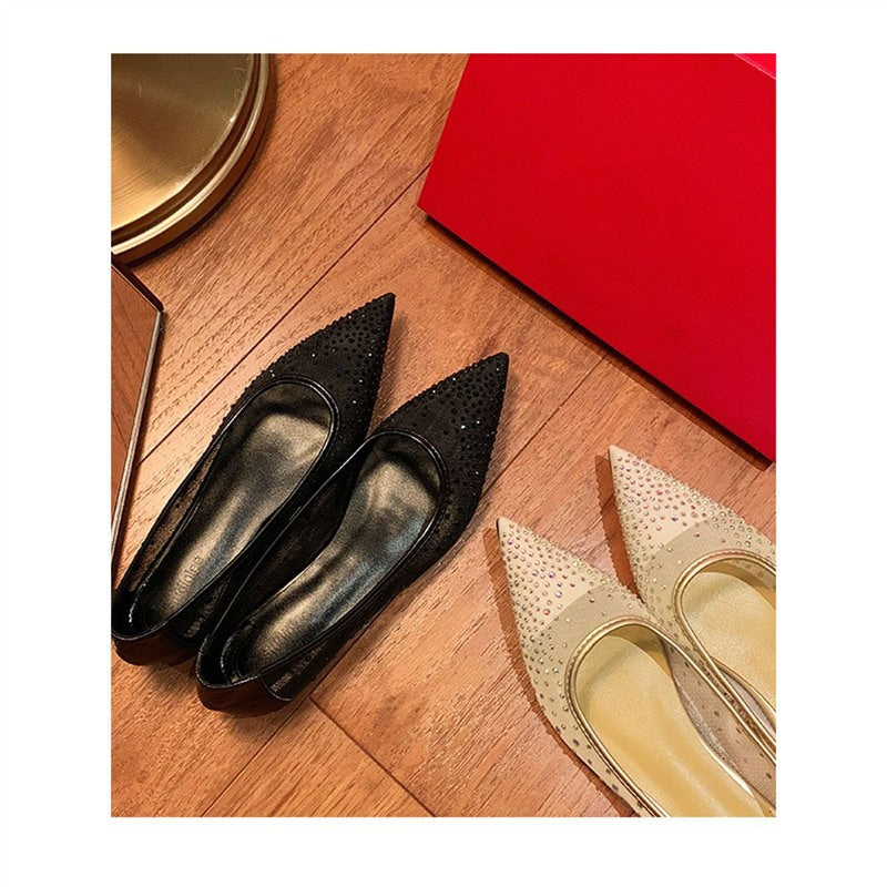 Damen Elegante spitz zulaufende Mesh-Ballerinas mit Kristallbesatz und goldener Einfassung Shop Nory