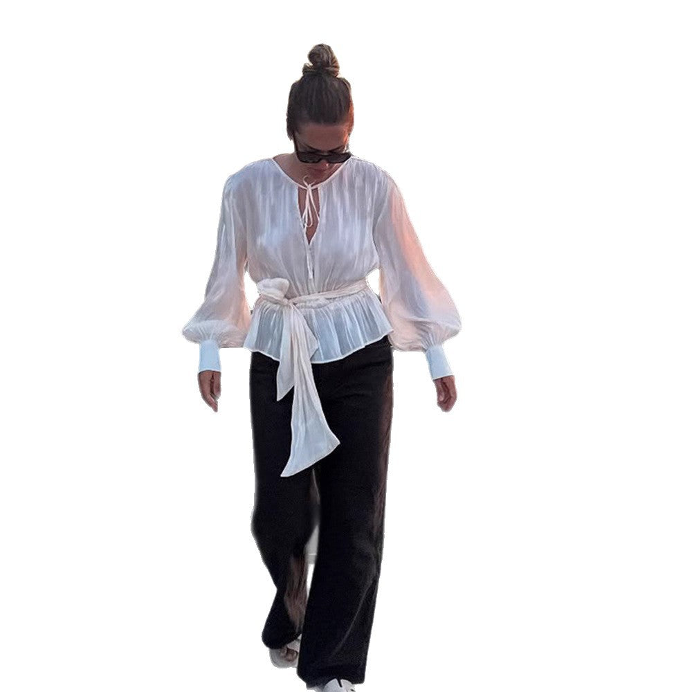 Damen Elegante Wickelbluse mit Bindegürtel und voluminösen Ballonärmeln Shop Nory