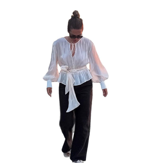 Damen Elegante Wickelbluse mit Bindegürtel und voluminösen Ballonärmeln Shop Nory
