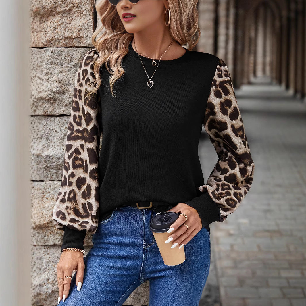 Damen Sweatshirt mit Chiffon-Ballonärmeln und Leo-Print Shop Nory