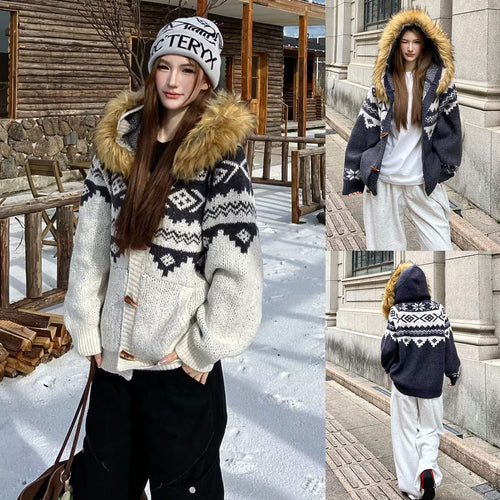 Damen Modische Strickjacke mit Kapuze und kunstfellbesetztem Kragen Shop Nory
