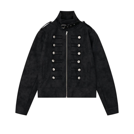 Damen Militärisch inspirierte kurze Jacke mit Reißverschluss, dekorativen Knopfleisten und Schulterklappen Shop Nory