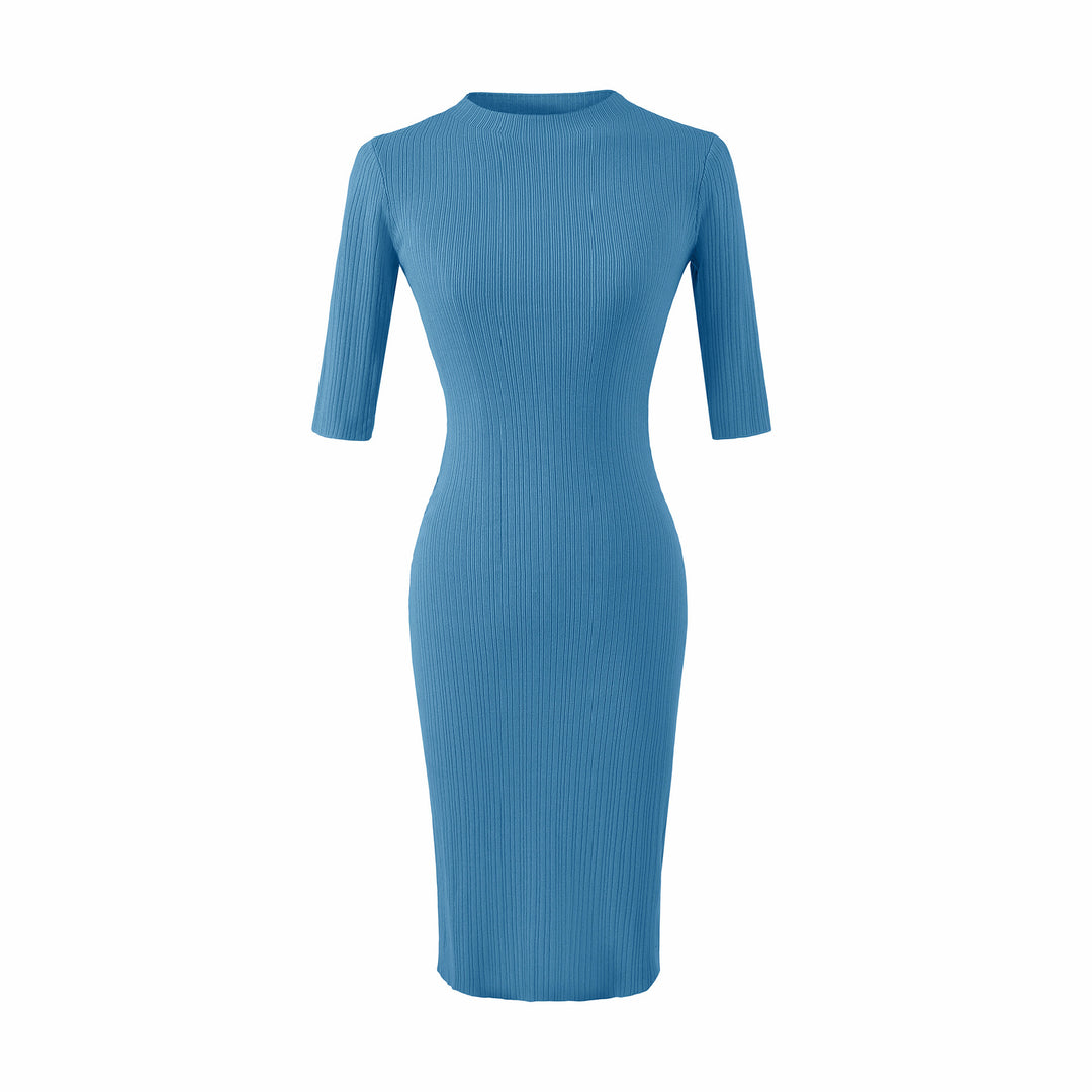 Damen Tailliertes geripptes Midikleid mit Halbarm und Stehkragen Shop Nory