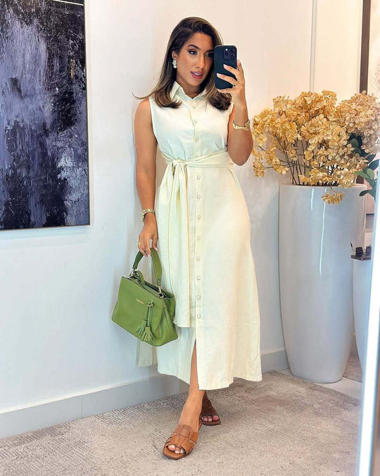Damen Knielanges Hemdkleid mit Taillengürtel und elegantem V-Ausschnitt