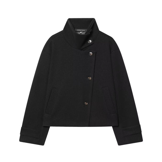 Damen Kurzer kastiger Wollmantel mit asymmetrischer Knopfleiste und Stehkragen Shop Nory