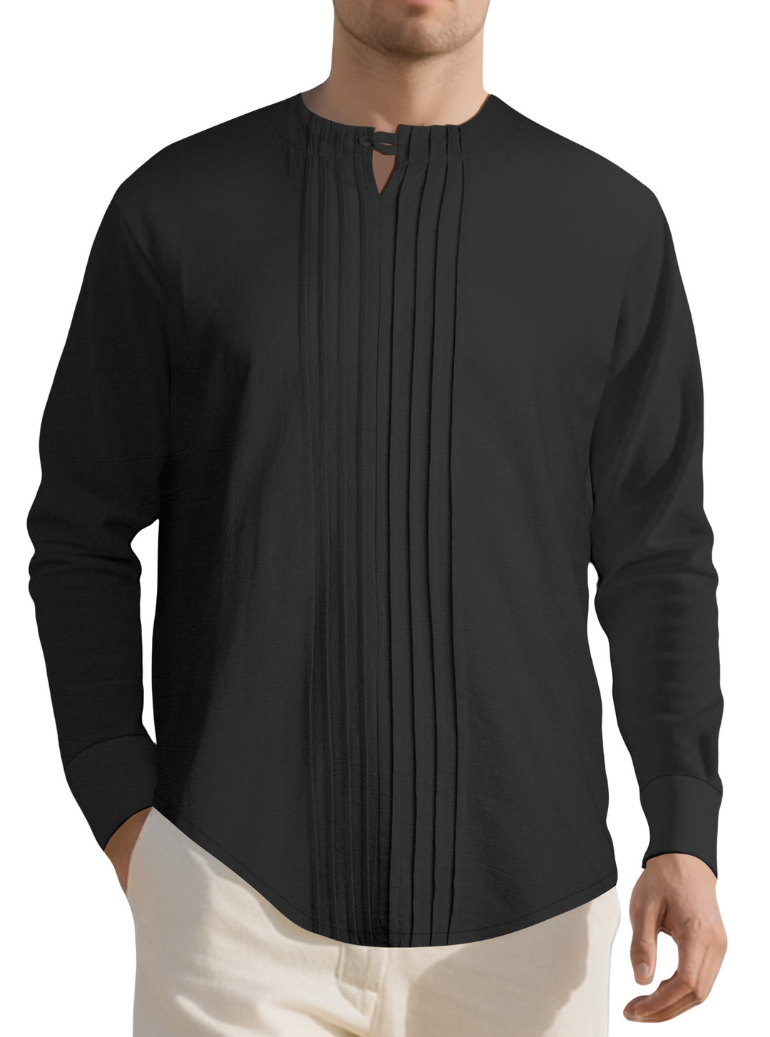Herren Leichtes Langarmshirt im Leinenlook mit Stehkragen, Kellerfalten und Schlaufenverschluss Shop Nory