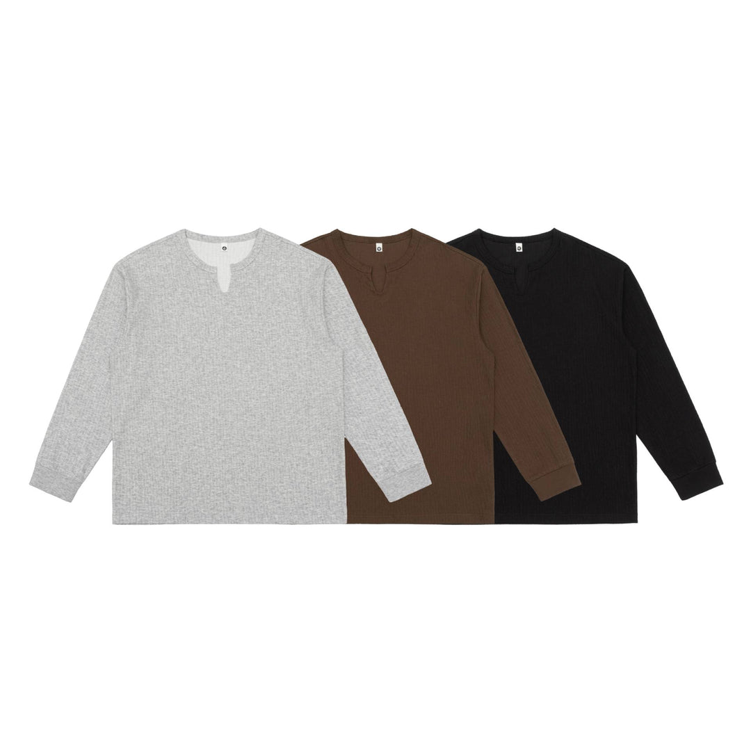 Unisex Leichtes Struktur-Langarmshirt mit Schlitzkragen und gerippten Bündchen Shop Nory