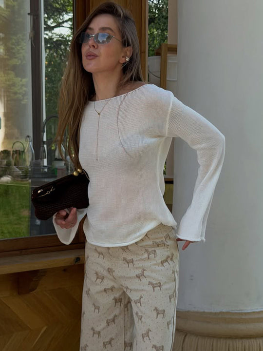 Damen Grobstrick-Pullover mit weitem U-Boot-Ausschnitt & extraweiten Trompetenärmeln Shop Nory