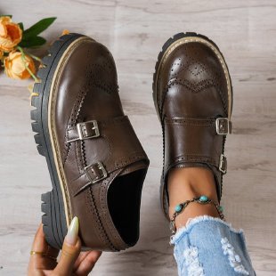 Damen Brogue-Monk-Slipper mit doppeltem Schnallenverschluss, gesteppter Kante und grober Profilsohle Shop Nory
