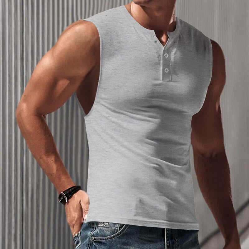 Herren nan ärmelloses Muskelshirt mit Henley-Knopfleiste, tiefem Armausschnitt und elastischem Baumwollmix
