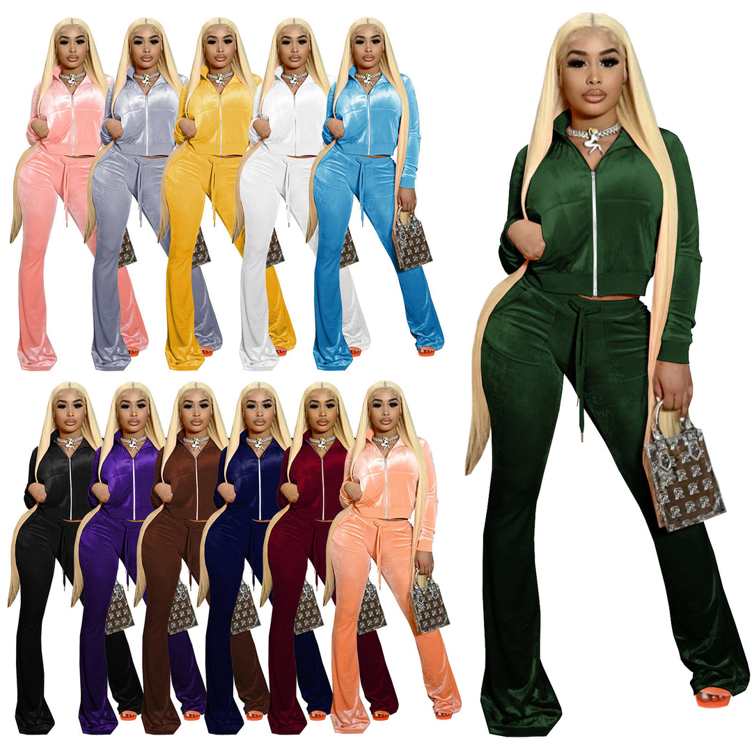 Damen Zwei-Teilige Samt Lounge Set mit Kurz-Frontreißverschluss Hoodie und Ausgestellten Palazzo Hosen EB
